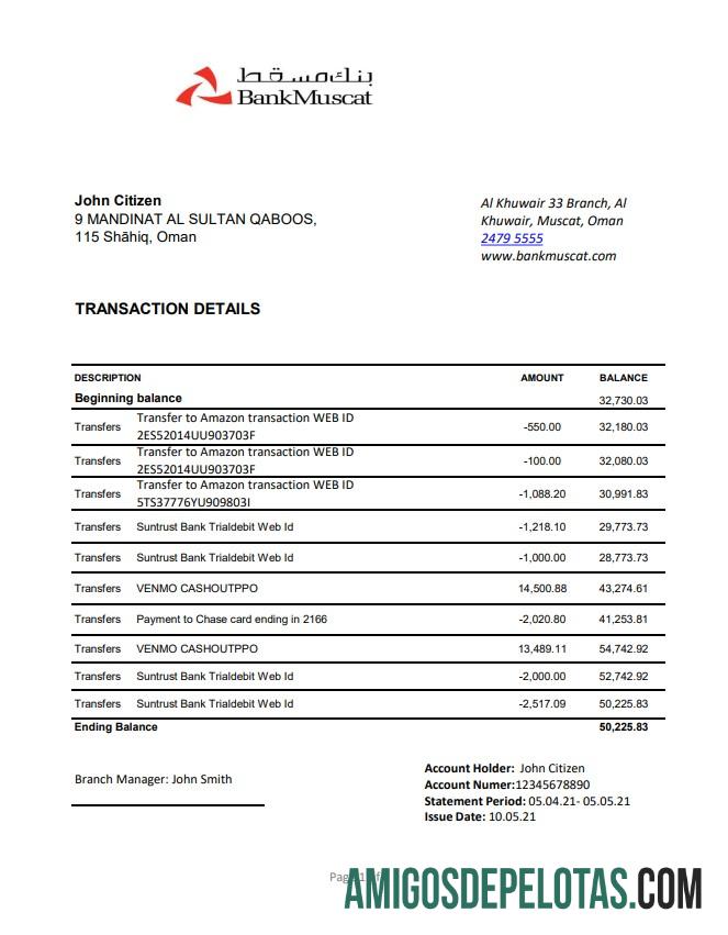 Exemplo de PDF do Excel do Omã Bank Muscat